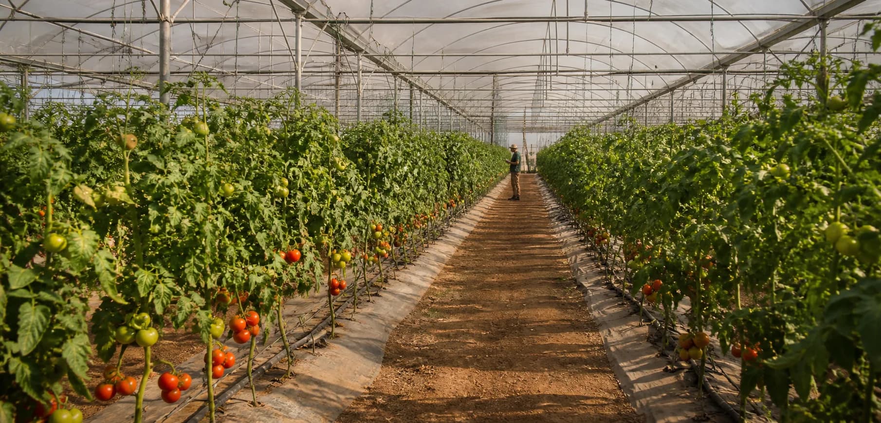 Serra agricola professionale con filari di pomodori in produzione